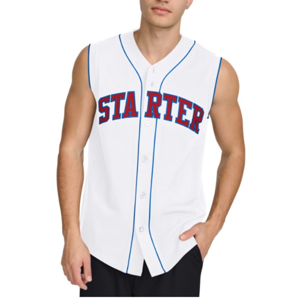 Starter Men's Logo Embroidered Sleeveless Button-Down Baseball Jersey White M